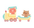 Cheerful Red Cheeked Pig and Dog Driving Toy Wheeled Train Vector Illustration