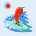 Cheerful red chili pepper cartoon rolls on the sea waves on a surfboard. Bright vegetable hot pepper character. Leisure at sea. Royalty Free Stock Photo