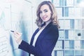 Cheerful red haired businesswoman and whiteboard Royalty Free Stock Photo