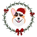 Cheerful Red Welsh Corgi Dog In Christmas Hat And Wreath From Christmas Tree With A Red Bow
