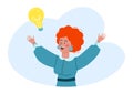 Cheerful redhead woman character think problem solution, solving creative idea light bulb flat vector illustration Royalty Free Stock Photo