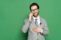 cheerful reporter in eyeglasses and suit