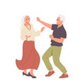 Cheerful retirees character senior man and woman dancing moving and shaking body feeling good