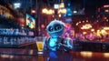 Cheerful robot bartender makes cocktails. Neon bar, futuristic bar. AI generated