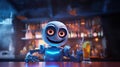 Cheerful robot bartender makes cocktails. Neon bar, futuristic bar. AI generated