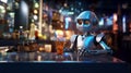 Cheerful robot bartender makes cocktails. Neon bar, futuristic bar. AI generated Royalty Free Stock Photo