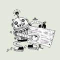 Cheerful robot with the board for information on a