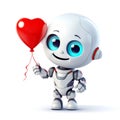 Cheerful robotic cartoon character holding red heart balloon love symbol