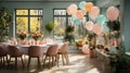 Cheerful Room Setup for Baby Shower with Colorful Decorate, Fresh Flowers, and Cupcakes, generative AI Royalty Free Stock Photo