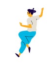 Cheerful running guy. Vector. Illustration of a dancing young man. Character for the dance studio. Flat style. Company logo. Posit