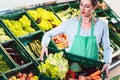 Saleslady holding box with organic vegetables in shop