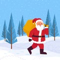 Cheerful Santa carries gifts in a sack through the winter forest. Illustration for Christmas. Winter landscape with snow Royalty Free Stock Photo