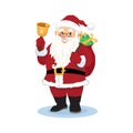 Cheerful Santa Claus with a bag of gifts behind him rings the bell.