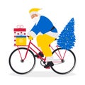 Cheerful Santa Claus on a bicycle delivers gifts and a Christmas tree. Festive modern New Year card. Royalty Free Stock Photo