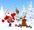 Cheerful Santa Claus and a deer in the winter forest Royalty Free Stock Photo