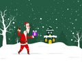 Cheerful Santa Claus Holding a Gift Box with Bell, Bare Trees and House Illustration on Snowfall Green