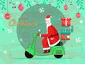 Cheerful Santa Claus Riding Scooter with Gift Boxes, Leaves, Berry Branch and Hanging Baubles Decorated on Snowflake Light Green