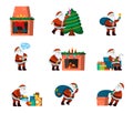 Cheerful santa claus scenes set. Celebration bearded character with gifts reads christmas letters decorates festive fir