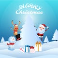 Cheerful santa claus, snowman, reindeer are christmas companion. Christmas presents in snow scene. Royalty Free Stock Photo
