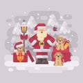 Cheerful Santa Claus with three puppies and a bag of presents standing in a white winter forest. Christmas greeting card