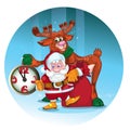 Cheerful Santa with the deer give gifts.