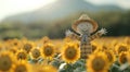 Cheerful Scarecrow Among Sunflowers at Golden Hour