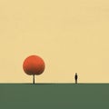 Cheerful Scene: A Small Man Observing An Orange Tree In Conceptual Minimalism