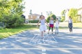 Cheerful school age child play on playground school