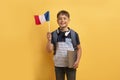Cheerful school boy showing flag of France, yellow background Royalty Free Stock Photo