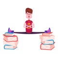 A cheerful schoolboy in red T-shirt and jeans sits in twine on two stacks of textbooks Royalty Free Stock Photo