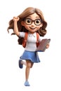 Cheerful schoolgirl 3D cartoon character going to school. Isolated transparent background