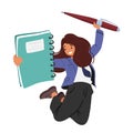 Cheerful Schoolgirl Jumping, Clutching Colossal Notebook And Pen, Ready To Conquer The Academic World With Determination