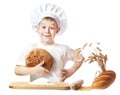 Cheerful scullion boy with a loaf of rye bread Royalty Free Stock Photo