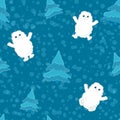 Cheerful seamless pattern little funny etty are having fun in the blue winter forest on the background of snowfall. Design for