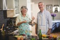 Cheerful senior couple cooking in kitchen at home Royalty Free Stock Photo