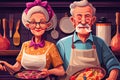 Cheerful senior couple cooking in the kitchen standing together with healthy food in the kitchen at home. Concept of Royalty Free Stock Photo