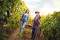 Cheerful senior man with young woman carrying baskets full of grapes Royalty Free Stock Photo