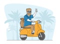 Cheerful Senior Riding Motorbike with Backpack, Hipster Pensioner Active Lifestyle, Aged Male Character Extreme Activity