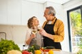 Cheerful senior spouses hugging and clinking with white wine glasses in kitchen interior, cooking dinner togeher Royalty Free Stock Photo