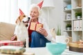 Cheerful senior woman congratulating dog with birthday Royalty Free Stock Photo