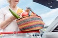 Cheerful senior woman holding a basket full of fresh vegetables Royalty Free Stock Photo