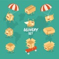 Cheerful set of delivery boxes. Vector graphics