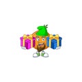 Cheerful shallot cartoon design with Christmas gift boxes