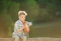 Cheerful Sitting Fence Smiling Camera Farm boy