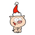 cheerful sitting pig comic book style illustration of a wearing santa hat