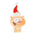 cheerful sitting pig retro cartoon of a wearing santa hat