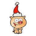 cheerful sitting pig textured cartoon of a wearing santa hat