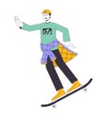 Cheerful skater flat line color vector character