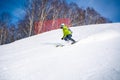 Cheerful skier girl in green jacket in front of snowy mountains