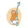 Cheerful sloth crawling up tree branch and listening to music. Smiling wild exotic animal. Cute cartoon character